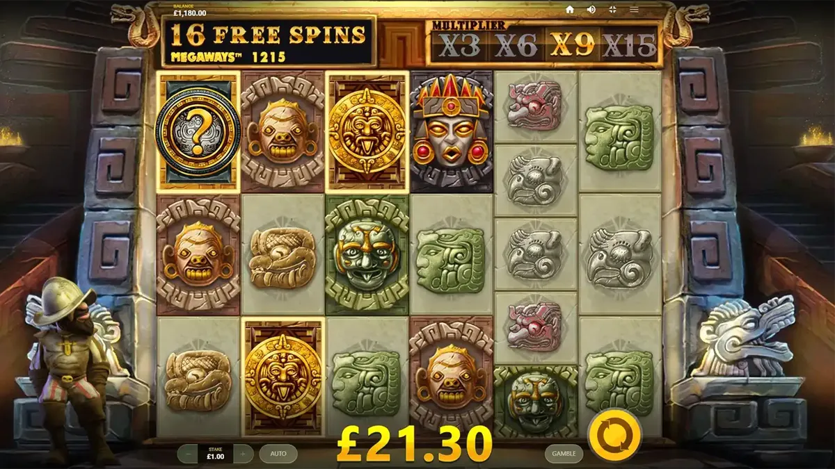 Gonzo’s Quest Megaways slot dengan latar belakang reruntuhan kuno dan fitur Avalanche