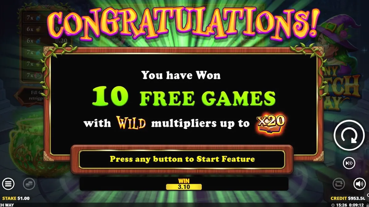 Tampilan visual permainan slot Any Witch Way dengan tema penyihir dan kuali ajaib