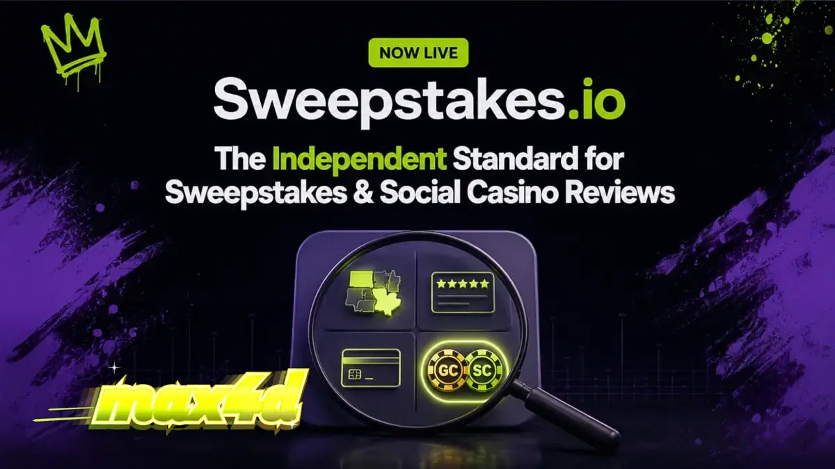 Tampilan antarmuka platform perbandingan kasino Sweepstakes.io di perangkat digital.